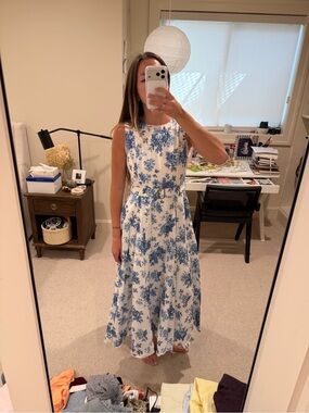 Blue Linen Floral Sleeveless Midi Dress